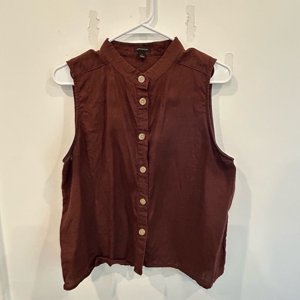 Ann Taylor Linen Chocolate Dark Brown Sleeveless Button-Down Shirt